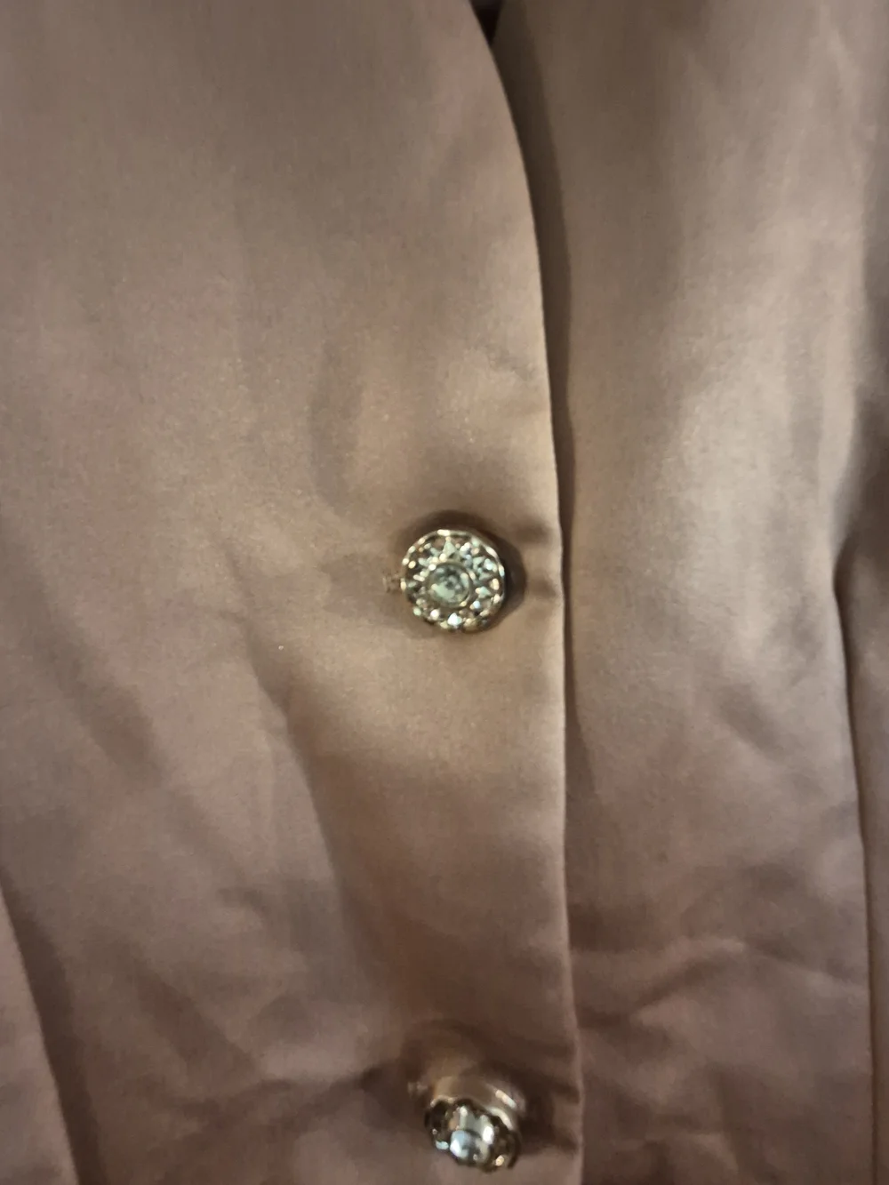 pink satin puff-sleeve peplum blouse adorned with decorative crystal button Down - Picture 3 of 6